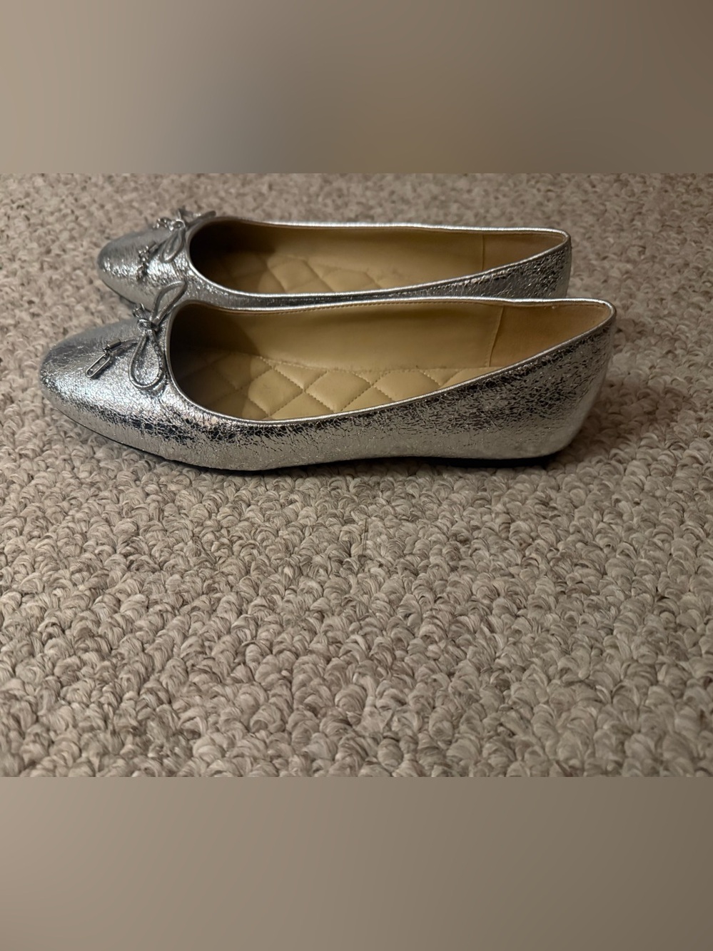Michael Kors Metallic Silver Ballet Flats with Bow Accent
